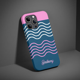 Blauw en Roze Wavy Stripes Patroon Gepersonaliseer iPhone 16 Pro Hoesje