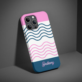 Blauw en Roze Wavy Stripes Patroon Gepersonaliseer iPhone 16 Pro Hoesje