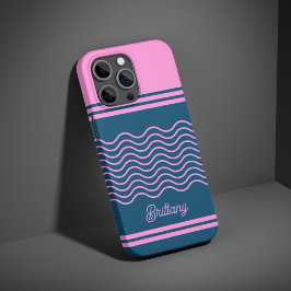 Blauw en Roze Wavy Stripes Patroon Gepersonaliseer iPhone 16 Pro Hoesje
