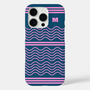 Blauw en Roze Wavy Stripes Patroon Monogram iPhone 16 Pro Hoesje