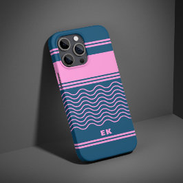 Blauw en Roze Wavy Stripes Patroon Monogram iPhone 16 Pro Hoesje