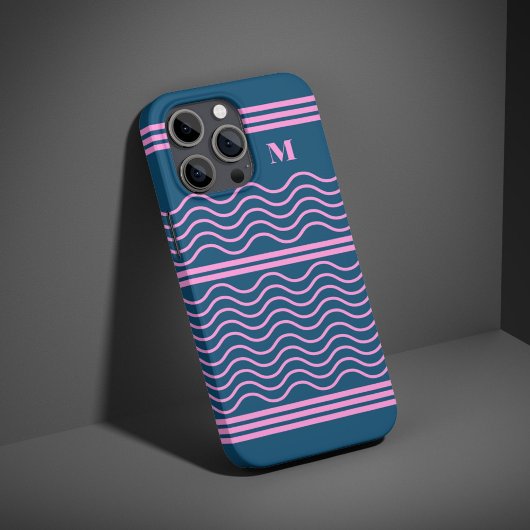 Blauw en Roze Wavy Stripes Patroon Monogram Case-Mate iPhone Case