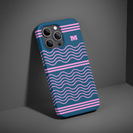 Blauw en Roze Wavy Stripes Patroon Monogram iPhone 16 Pro Hoesje