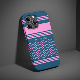 Blauw en Roze Wavy Stripes Patroon Monogram iPhone 16 Pro Hoesje