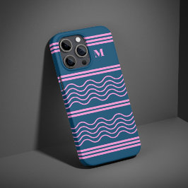 Blauw en Roze Wavy Stripes Patroon Monogram iPhone 16 Pro Hoesje