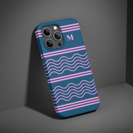 Blauw en Roze Wavy Stripes Patroon Monogram Case-Mate iPhone Case