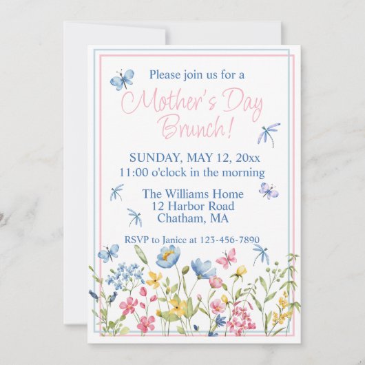 Blauw en Roze Wildflower Garden Moederdag Brunch Kaart (Voorkant)