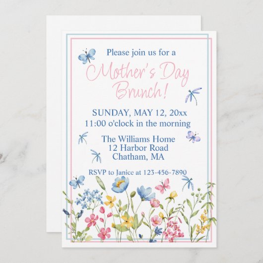 Blauw en Roze Wildflower Garden Moederdag Brunch Kaart (Voorkant / Achterkant)