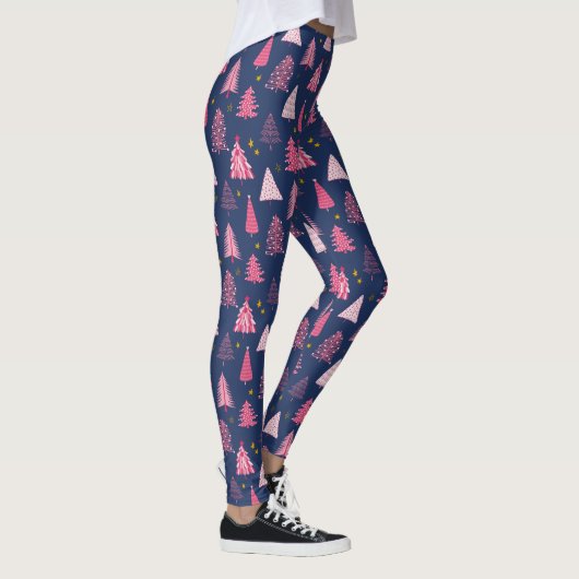 Blauw- en roze winterkerstboompatroon leggings (Rechts)