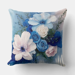 Blauw en Roze Zachte Waterverf Bloemen Kussen