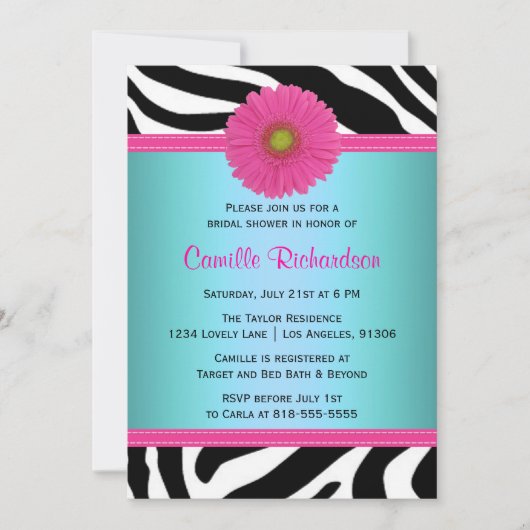 Blauw en roze, Zebra Bridal Shower Invitation Kaart (Voorkant)