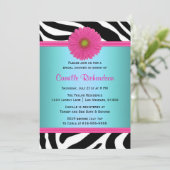 Blauw en roze, Zebra Bridal Shower Invitation Kaart (Staand voorkant)