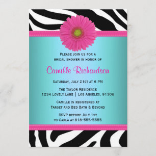 Blauw en roze, Zebra Bridal Shower Invitation Kaart
