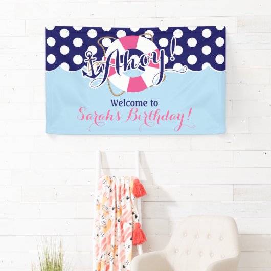 Blauw en Roze, Zeeman, Nautische Verjaardag Spandoek (Insitu)
