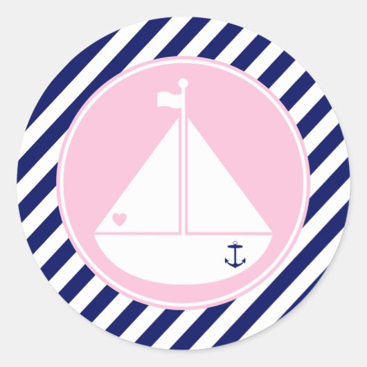 Blauw en Roze Zeilboot Ronde Sticker (Voorkant)