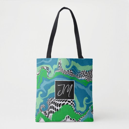 Blauw en Sage Green Fluid Art Monogramed Tote Bag (Voorkant)