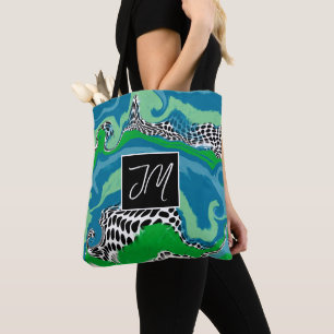 Blauw en Sage Green Fluid Art Monogramed Tote Bag