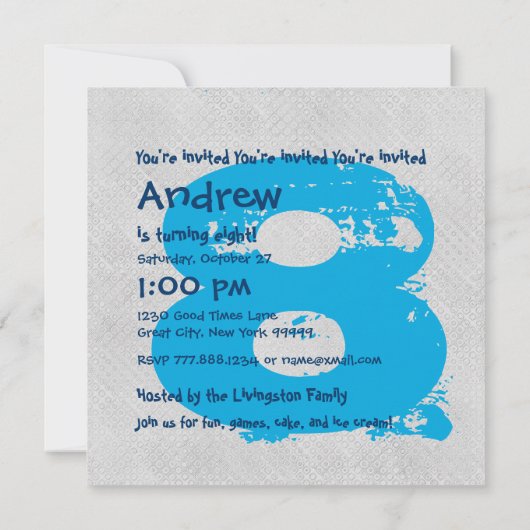 BLAUW en SILVER 8e verjaardag Partij 8 Jaar oud V1 Kaart (Achterkant)