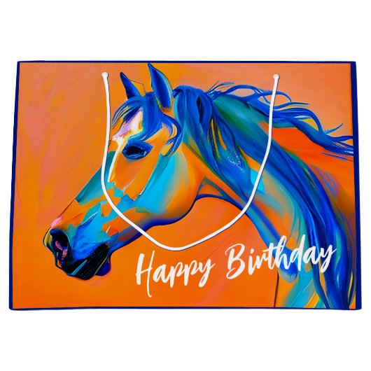 Blauw en Sinaasappel Abstract Paard Happy Birthday Groot Cadeauzakje (Voorkant)