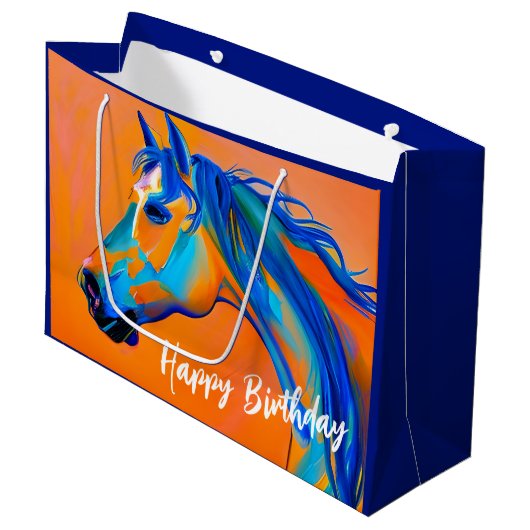 Blauw en Sinaasappel Abstract Paard Happy Birthday Groot Cadeauzakje (Voorkant Gekanteld)