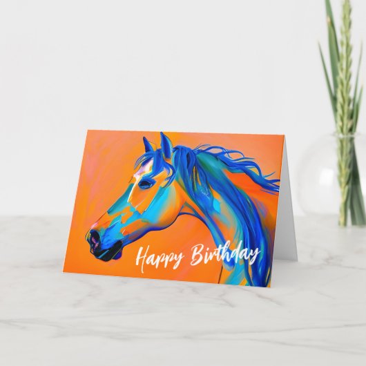 Blauw en Sinaasappel Abstract Paard Happy Birthday Kaart (Voorkant)
