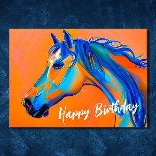 Blauw en Sinaasappel Abstract Paard Happy Birthday Kaart