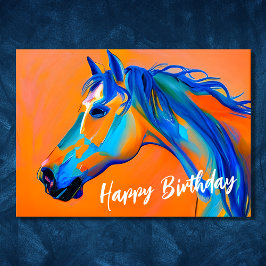 Blauw en Sinaasappel Abstract Paard Happy Birthday Kaart