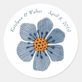 Blauw en Sinaasappel Bloem Ronde Bruiloft Stickers
