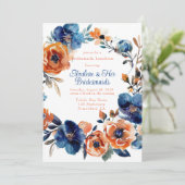 Blauw en Sinaasappel Bloemen Bruidsmeisjes Luncheo Kaart (Staand voorkant)