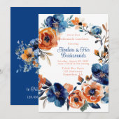 Blauw en Sinaasappel Bloemen Bruidsmeisjes Luncheo Kaart (Voorkant / Achterkant)