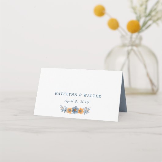 Blauw en Sinaasappel Bloemen Bruiloft Plaatskaarte Plaatskaartje (Achterkant)