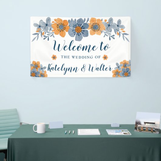 Blauw en Sinaasappel Bloemen Bruiloft Welkomstbann Spandoek (Beurs)