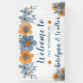 Blauw en Sinaasappel Bloemen Bruiloft Welkomstbann Spandoek (Verticaal)