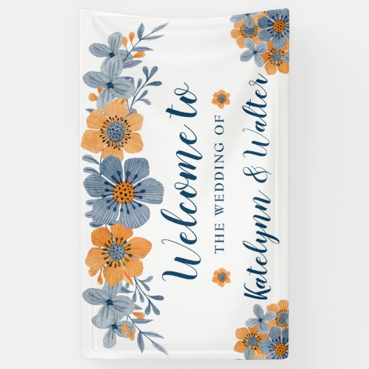 Blauw en Sinaasappel Bloemen Bruiloft Welkomstbann Spandoek (Verticaal)