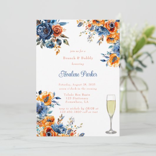 Blauw en Sinaasappel Bloemen Brunch & Bubbly Kaart (Staand voorkant)