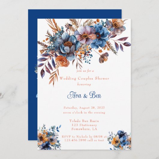 Blauw en Sinaasappel Bloemen Trouwkoppels Douche Kaart (Voorkant / Achterkant)