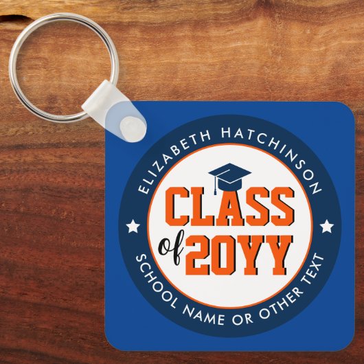 Blauw en Sinaasappel Klasse van 2024 Afstuderen Af Sleutelhanger (Voorkant)