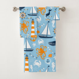 Blauw en Sinaasappel Nautisch Scene Pattern II Kin Bad Handdoek