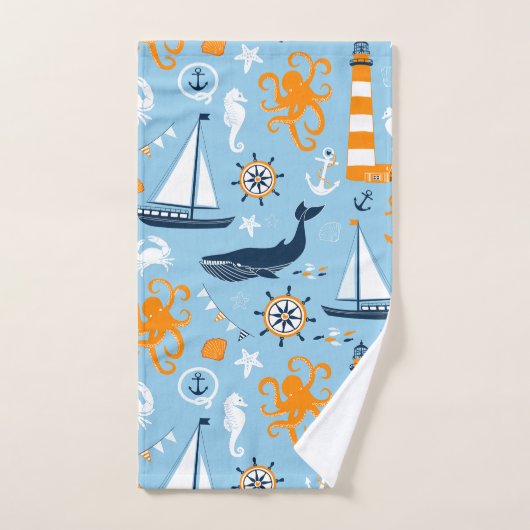 Blauw en Sinaasappel Nautisch Scene Pattern II Kin Bad Handdoek (Handdoek)