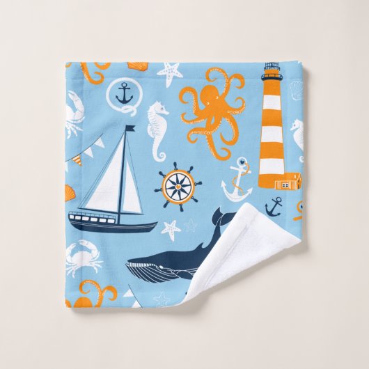 Blauw en Sinaasappel Nautisch Scene Pattern II Kin Bad Handdoek (Wasdoekje)