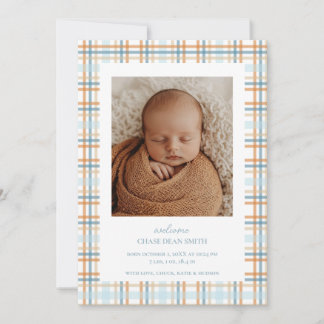 Blauw en Sinaasappel Plaid Baby Aankondiging
