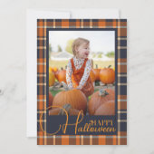 Blauw en Sinaasappel Plaid Happy Halloween foto Feestdagenkaart (Voorkant)