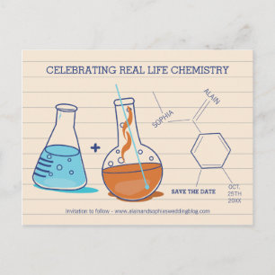 Blauw en Sinaasappel Save the Date Chemistry Brief Aankondigingskaart