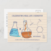 Blauw en Sinaasappel Save the Date Chemistry Brief Aankondigingskaart (Voorkant / Achterkant)