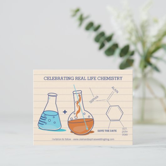 Blauw en Sinaasappel Save the Date Chemistry Brief Aankondigingskaart (Staand voorkant)