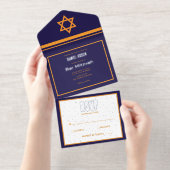 Blauw en Sinaasappel Silver Foil Bar Mitzvah All In One Uitnodiging (Uittrekbaar)