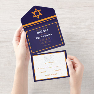 Blauw en Sinaasappel Silver Foil Bar Mitzvah All In One Uitnodiging