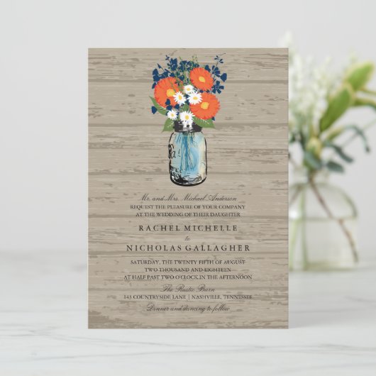 Blauw en Sinaasappel Tuin Mason Jar Wood | Bruilof Kaart (Staand voorkant)