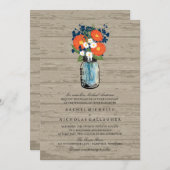 Blauw en Sinaasappel Tuin Mason Jar Wood | Bruilof Kaart (Voorkant / Achterkant)