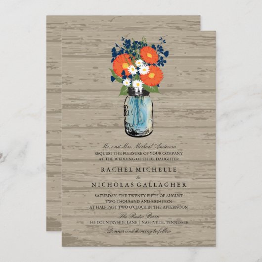 Blauw en Sinaasappel Tuin Mason Jar Wood | Bruilof Kaart (Voorkant / Achterkant)